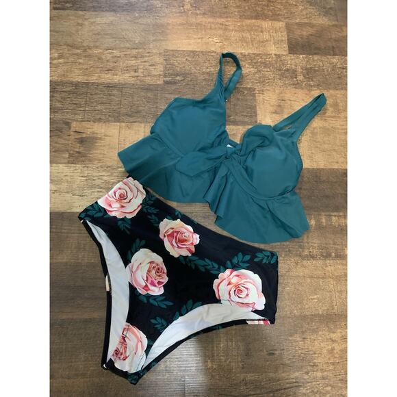 CUPSHE Teal Roses Women’s Size 0X Two Piece‎ Swimsuit NWT Beach Summer - Picture 3 of 13